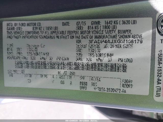 3FADP4AJXGM108179 Ford 1.6l ti-vct premium fuel