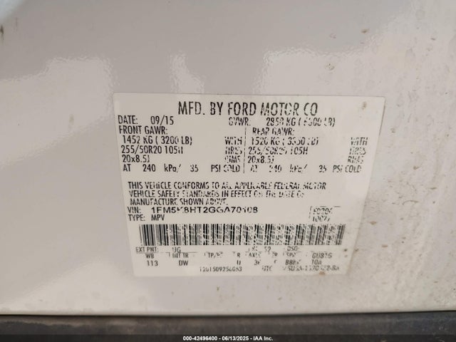 Ford Explorer 2016 1FM5K8HT2GGA70108 Image 9