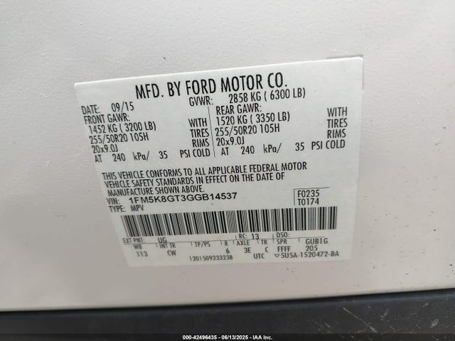 1FM5K8GT3GGB14537 Ford Explorer