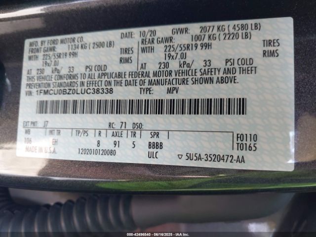 2020 FORD ESCAPE 1FMCU0BZ0LUC38338 Photo 8