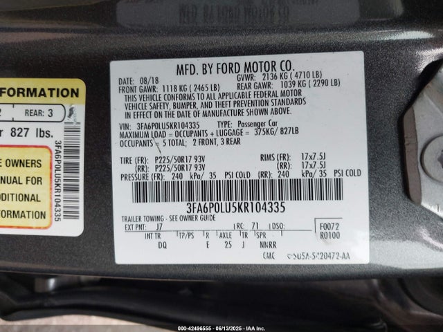 3FA6P0LU5KR104335 Ford 2019