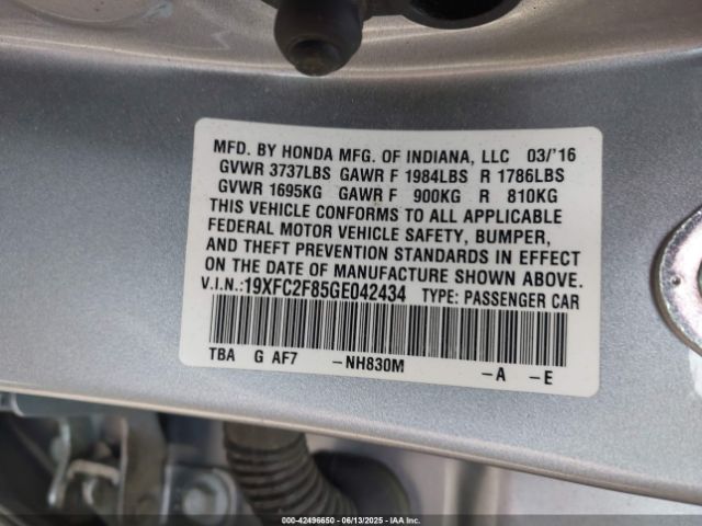 2016 HONDA CIVIC 19XFC2F85GE042434 Photo 8