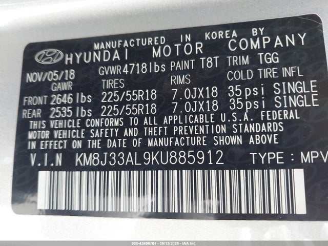 KM8J33AL9KU885912 Hyundai gdi theta ii