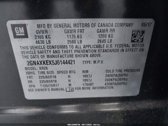2GNAXKEX5J6144421 Chevrolet ltg - spark ignited direct injection, alum dohc, variable valve timing, dcvcp turbo, e0-e100, alum
