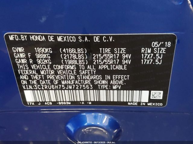 3CZRU6H75JM727563 Honda r18z9
