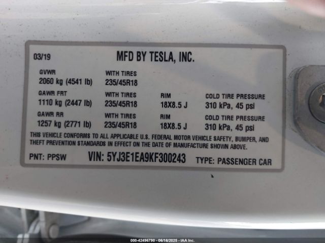 2019 TESLA MODEL 3 5YJ3E1EA9KF300243 Photo 8