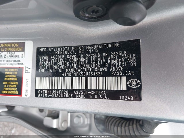 Toyota 2ar-fe 2016 4T1BF1FK5GU164624 Image 9