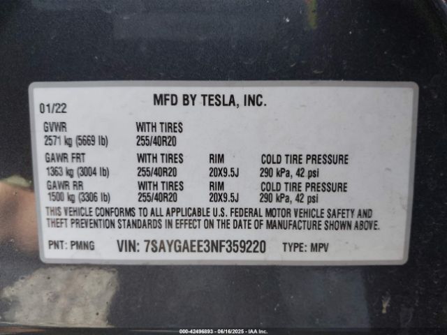 2022 TESLA MODEL Y 7SAYGAEE3NF359220 Photo 8