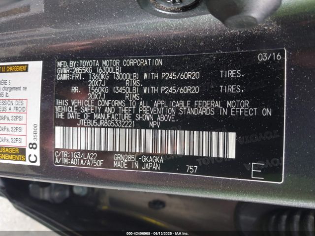 2016 TOYOTA 4RUNNER JTEBU5JR8G5332221 Photo 8