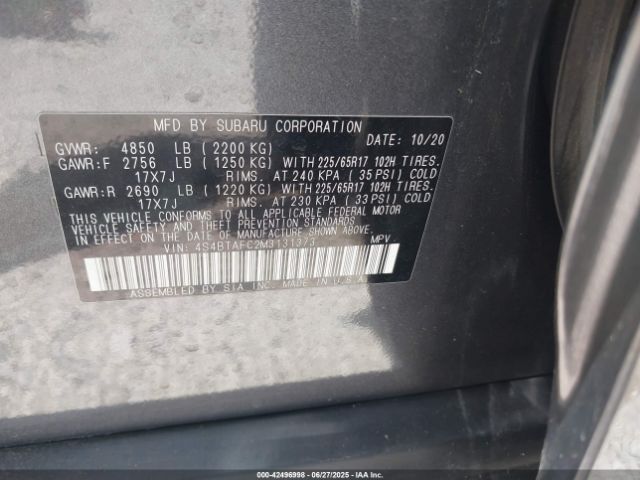 2021 SUBARU OUTBACK 4S4BTAFC2M3131373 Photo 8