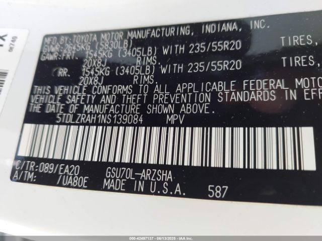 5TDLZRAH1NS139084 Toyota Highlander Xse