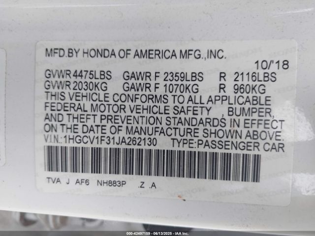 2018 HONDA ACCORD 1HGCV1F31JA262130 Photo 8
