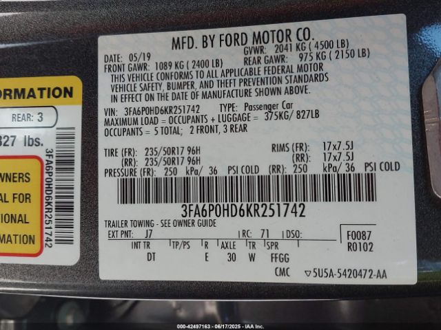 3FA6P0HD6KR251742 Ford 2019