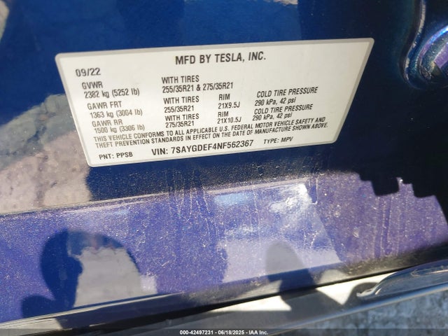 7SAYGDEF4NF562367 Tesla 2022