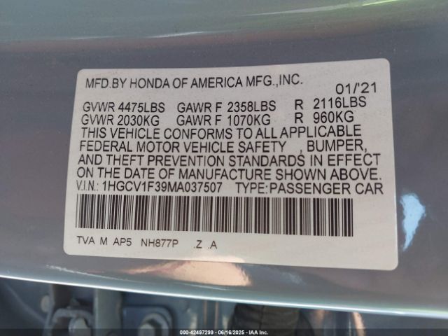1HGCV1F39MA037507 Honda l15be