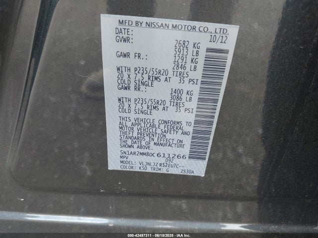 Продаж на аукціоні авто 2013 Nissan Pathfinder Platinum, vin: 5N1AR2MM8DC611266, номер лоту: 42497311