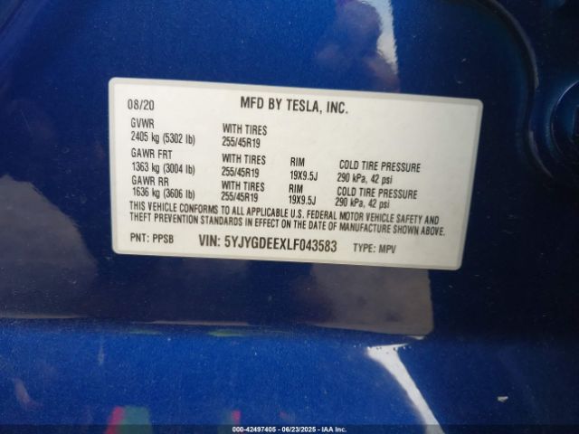 2020 TESLA MODEL Y 5YJYGDEEXLF043583 Photo 8