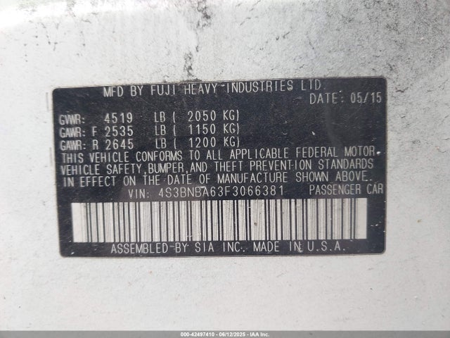 Subaru 2.5l u6 2015 4S3BNBA63F3066381 Image 9
