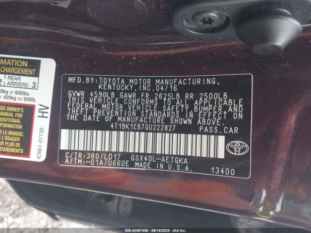 4T1BK1EB7GU222827 Toyota 2gr-fe