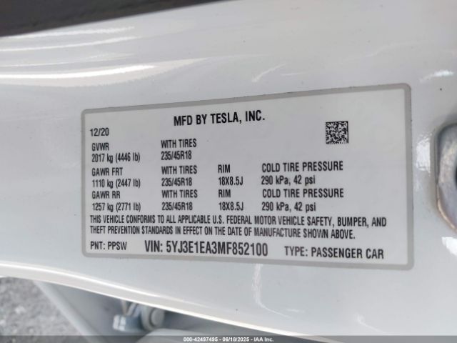 2021 TESLA MODEL 3 5YJ3E1EA3MF852100 Photo 8