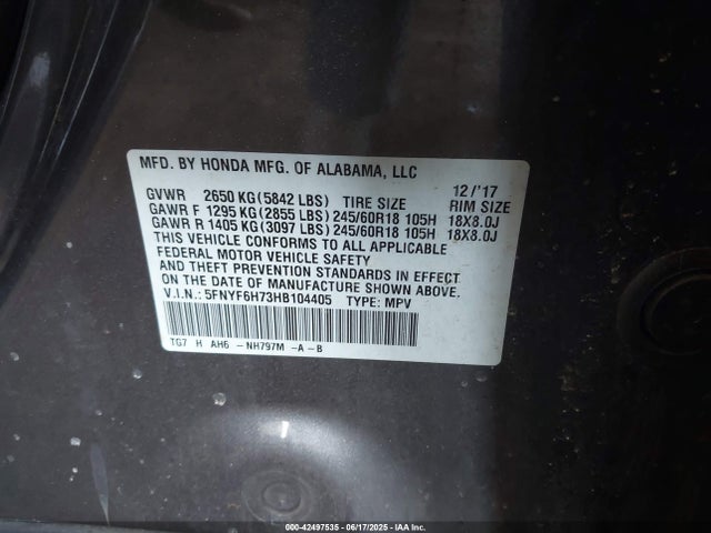 Honda j35y6 2017 5FNYF6H73HB104405 Image 9