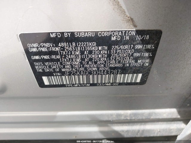 Subaru naturally aspirated u5 2019 JF2SKAGC3KH443287 Image 9