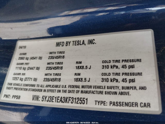 2019 TESLA MODEL 3 5YJ3E1EA3KF312551 Photo 8
