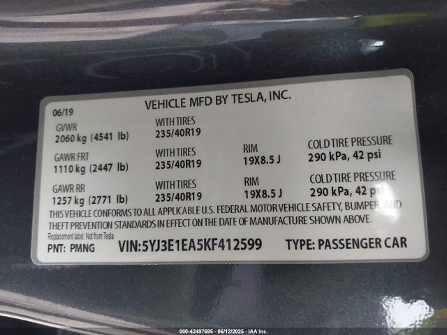 2019 TESLA MODEL 3 5YJ3E1EA5KF412599 Photo 8