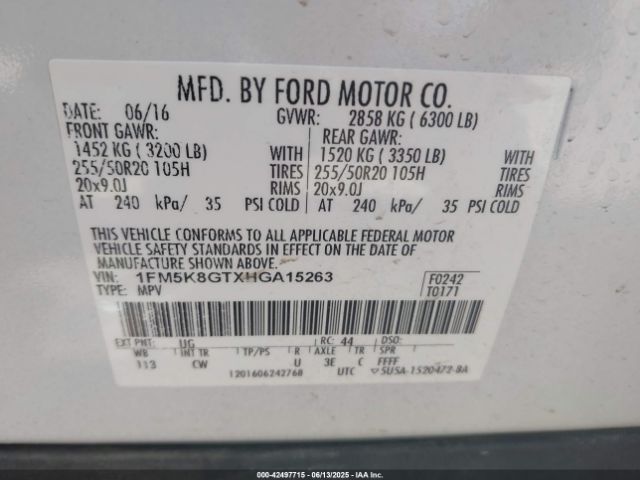 1FM5K8GTXHGA15263 Ford EXPLORER SPORT