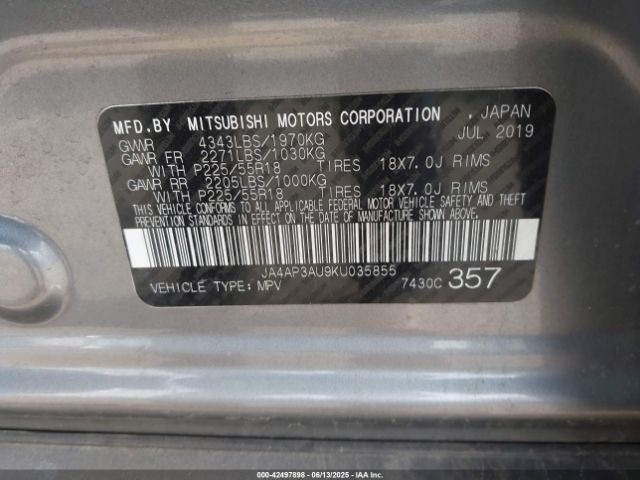 2019 MITSUBISHI OUTLANDER SPORT JA4AP3AU9KU035855 Photo 8