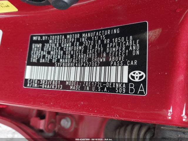 Продаж на аукціоні авто 2016 Toyota Corolla Le, vin: 5YFBURHE4GP427067, номер лоту: 42497999