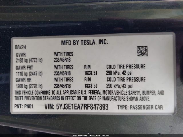 2024 TESLA MODEL 3 5YJ3E1EA7RF847893 Photo 8