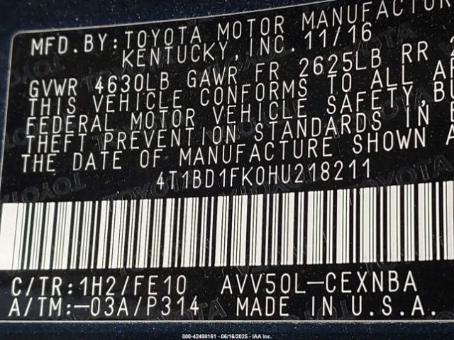 2017 TOYOTA CAMRY HYBRID 4T1BD1FK0HU218211 Photo 8