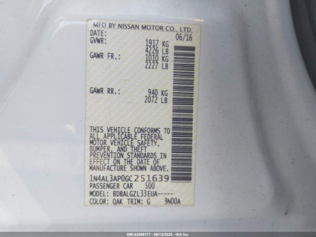 1N4AL3AP0GC251639 Nissan Altima 2.5/2.5 S/2.5 Sl/2.5 Sr/2.5 Sv