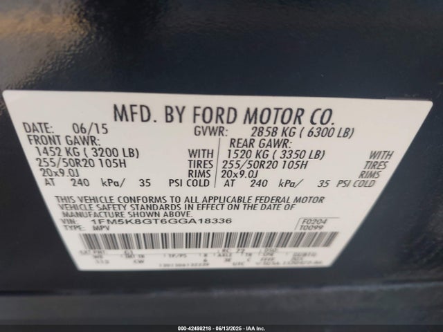 1FM5K8GT6GGA18336 Ford 2016