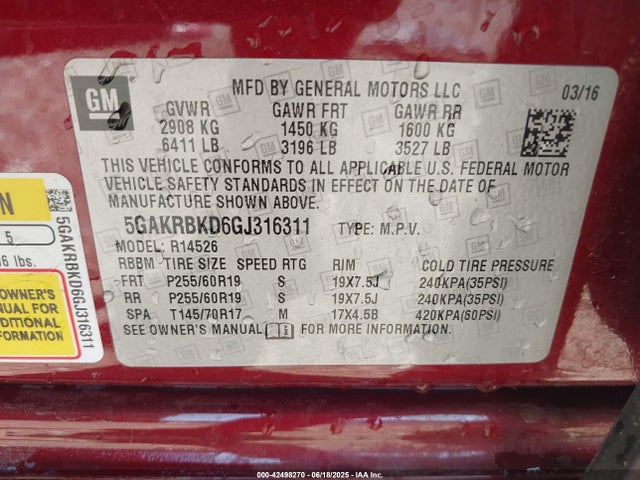 5GAKRBKD6GJ316311 Buick llt - sidi, alum, 60 degrees