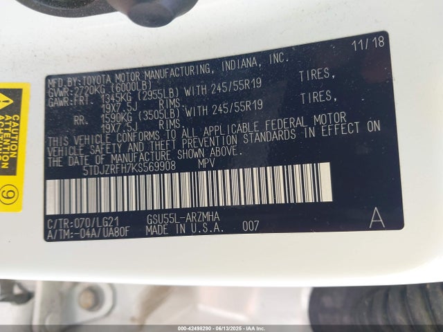 5TDJZRFH7KS569908 Toyota 2gr-fks