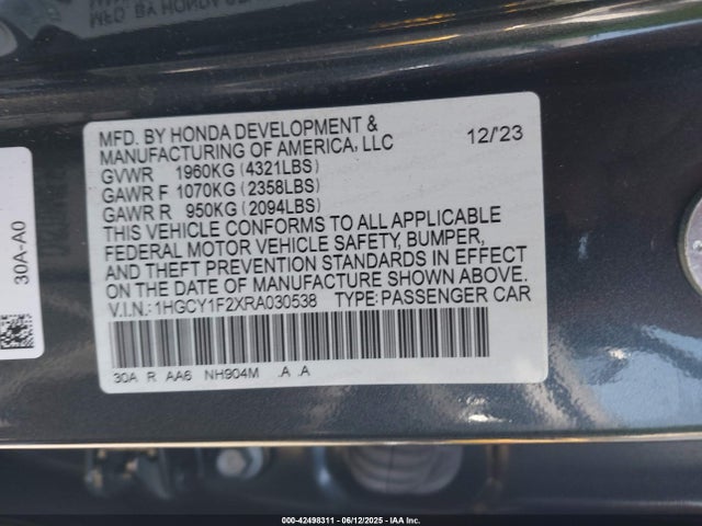 1HGCY1F2XRA030538 Honda l15be