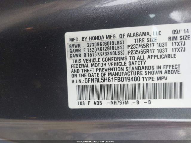 2015 HONDA ODYSSEY 5FNRL5H61FB019400 Photo 8
