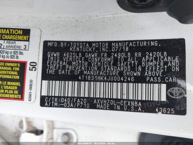 4T1B31HK4JU004246 Toyota Camry Hybrid Le