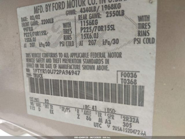 2002 FORD RANGER 1FTYR10U72PA96947 Photo 8