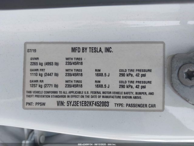 2019 TESLA MODEL 3 5YJ3E1EB2KF452003 Photo 8