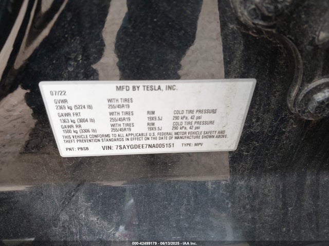 7SAYGDEE7NA005151 Tesla 2022