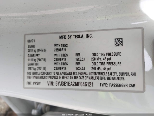 2021 TESLA MODEL 3 5YJ3E1EA2MF046121 Photo 8