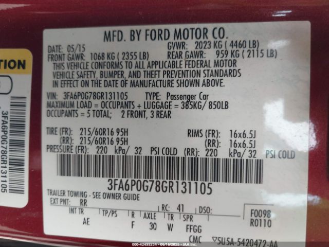 3FA6P0G78GR131105 Ford 2016