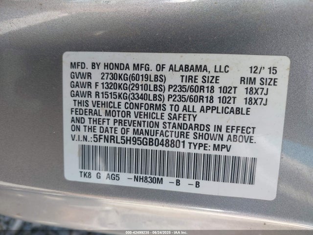 Honda j35z8 2016 5FNRL5H95GB048801 Image 9