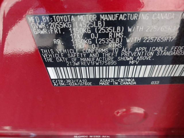 2T3WFREV1FW175895 Toyota Rav4 Xle