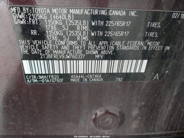 2T3BFREV9JW760327 Toyota 2ar-fe