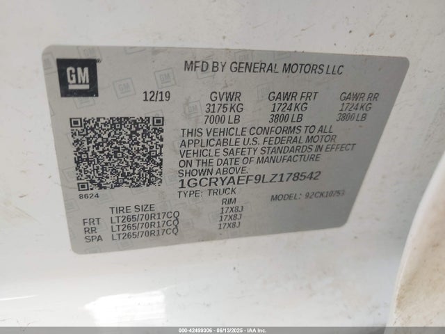 1GCRYAEF9LZ178542 Chevrolet l82 - di, afm, alum, gen 5, var 1