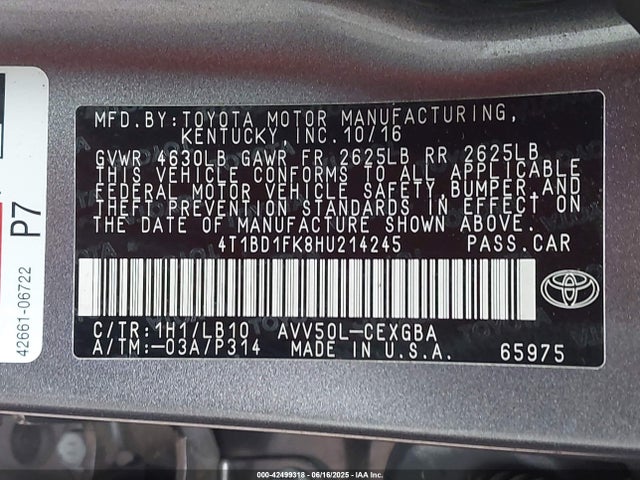 4T1BD1FK8HU214245 Toyota 2ar-fxe+2jm